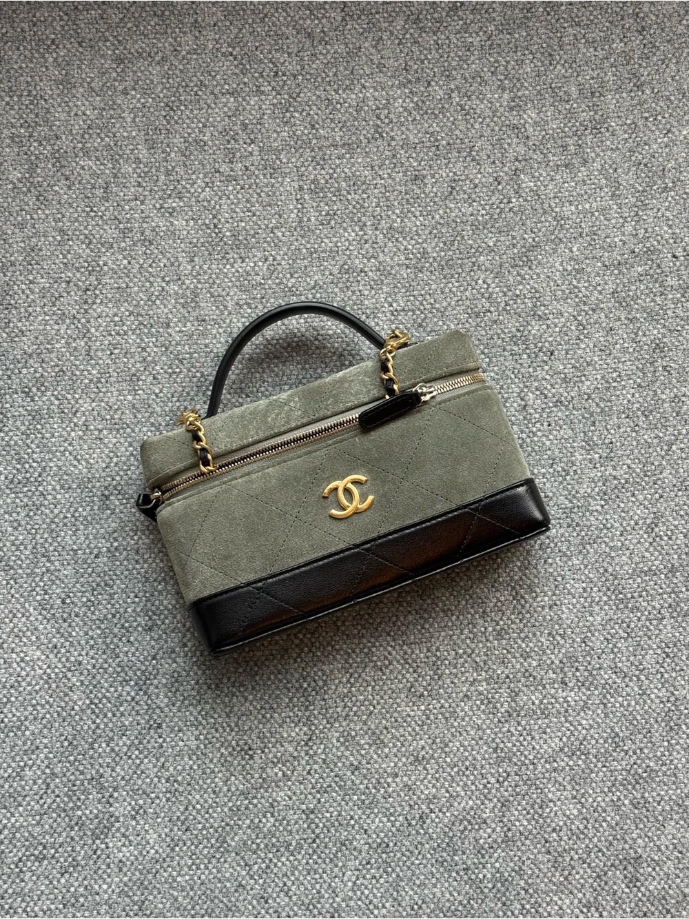 CHANEL Olive Green and Black Quilted Top-Handle Satchel vanity bag